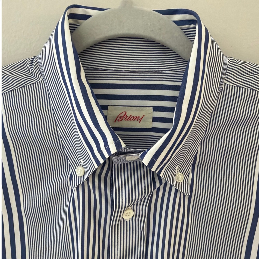 Brioni Mens XL Blue White Striped Cotton Button Down Shirt Made in Italy